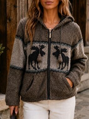 Kyber Outerwear Wool Jacket Zip Hoodie Moose Graphic Brown Small